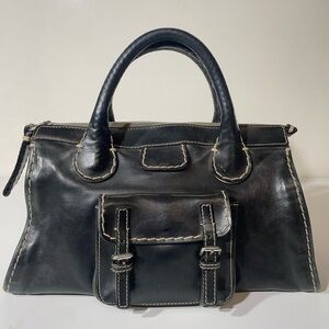 Chloe Black Leather Satchel with Contrast Stitching